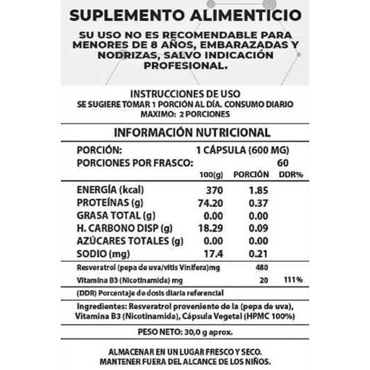 NAD+ Resveratrol 500mg, 60 Capsulas, Original