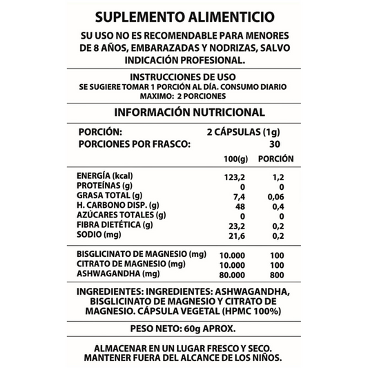 Ashwagandha + Magnesio 1000mg, 60 Caps. Original